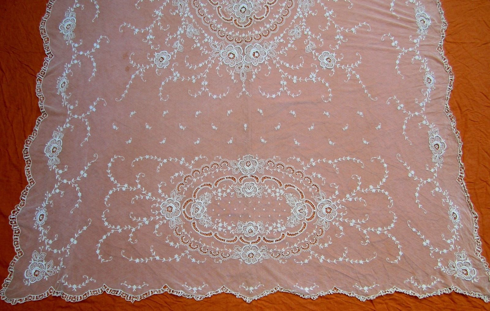 Antique Tambour Embroidered French Net Lace Coverlet 100" x 80"