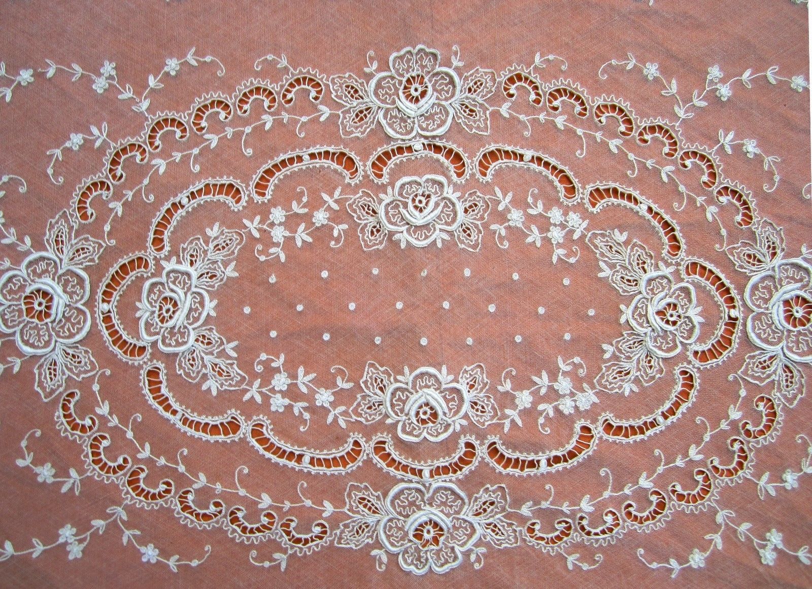 Antique Tambour Embroidered French Net Lace Coverlet 100" x 80"