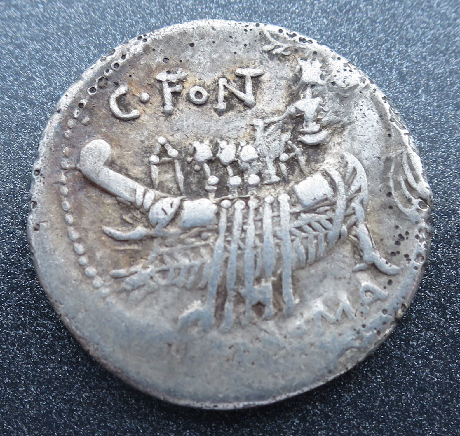 114-113  B.C. silver roman republic denarius coin C Fonteius Trireme