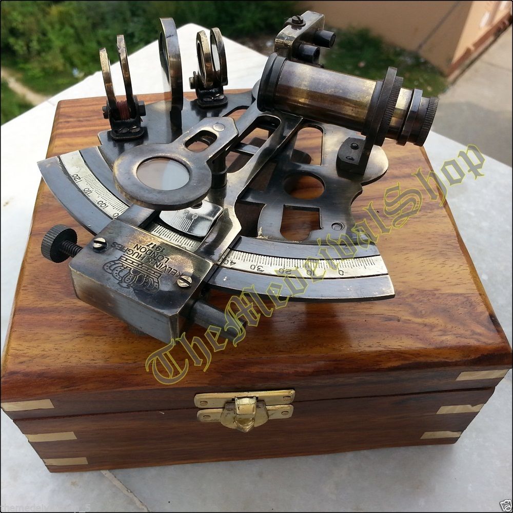 NAUTICAL MARINE SEXTANT & WOODEN BOX BRASS COLLECTIBLE GERMAN ASTROLABE GIFT