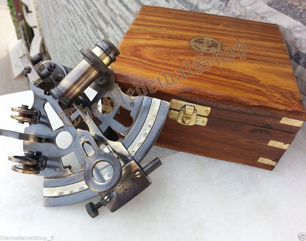 NAUTICAL MARINE SEXTANT & WOODEN BOX BRASS COLLECTIBLE GERMAN ASTROLABE GIFT