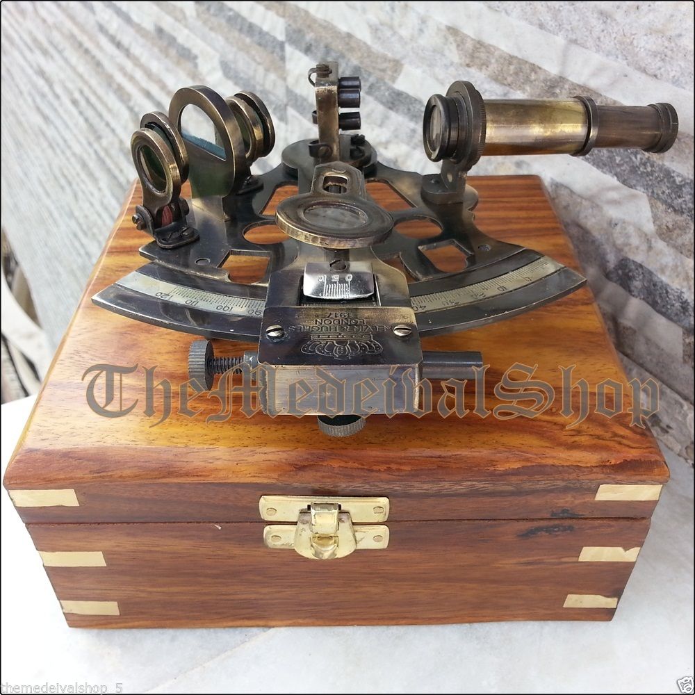 NAUTICAL MARINE SEXTANT & WOODEN BOX BRASS COLLECTIBLE GERMAN ASTROLABE GIFT