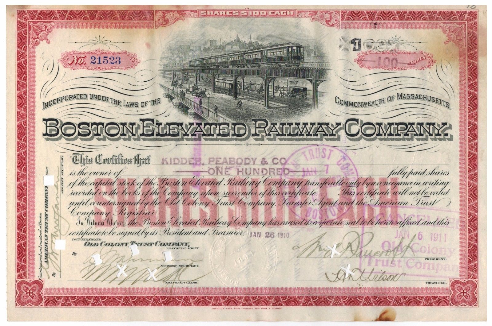 1911 Boston Elevated Railway Co Stock Certificate shares old colony Signature