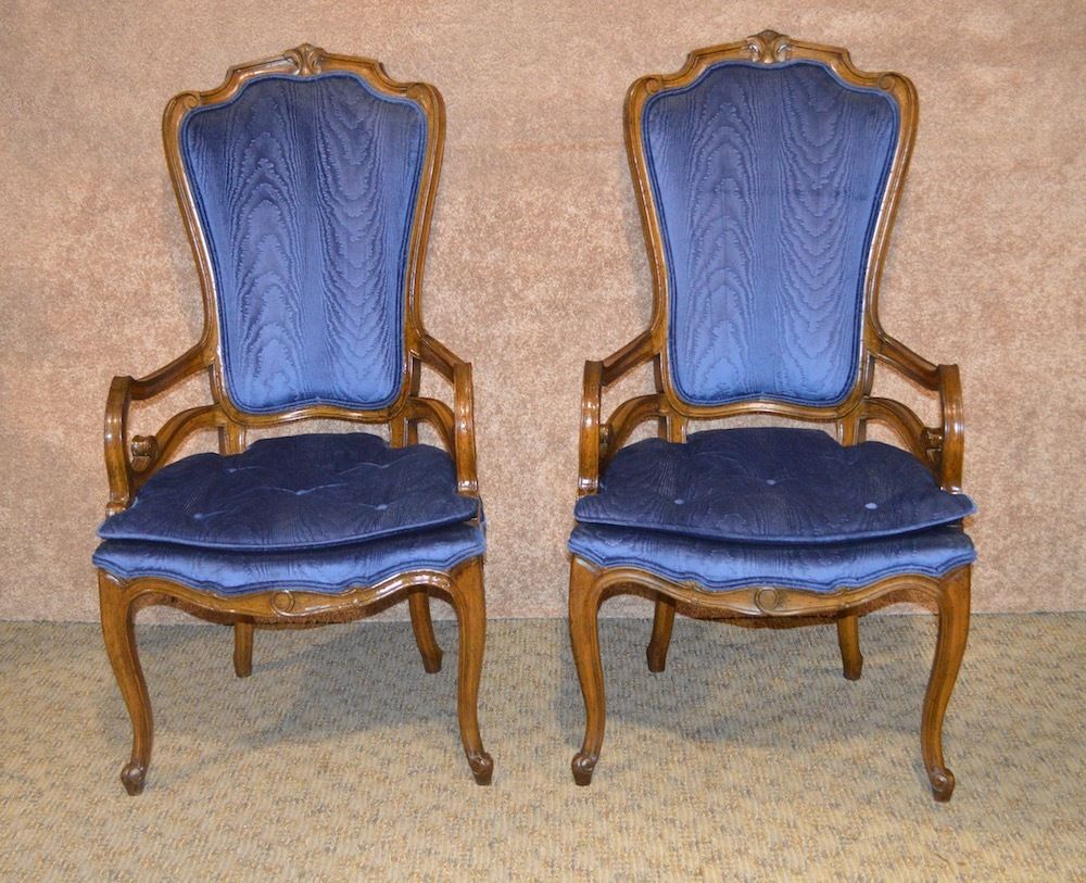 Pair of Vintage Carved Walnut Hollywood Regency Style Arm Chairs