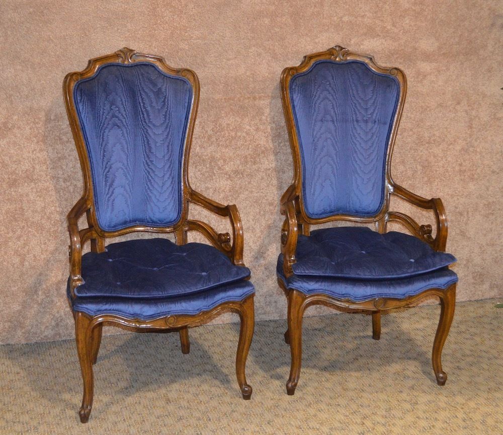 Pair of Vintage Carved Walnut Hollywood Regency Style Arm Chairs