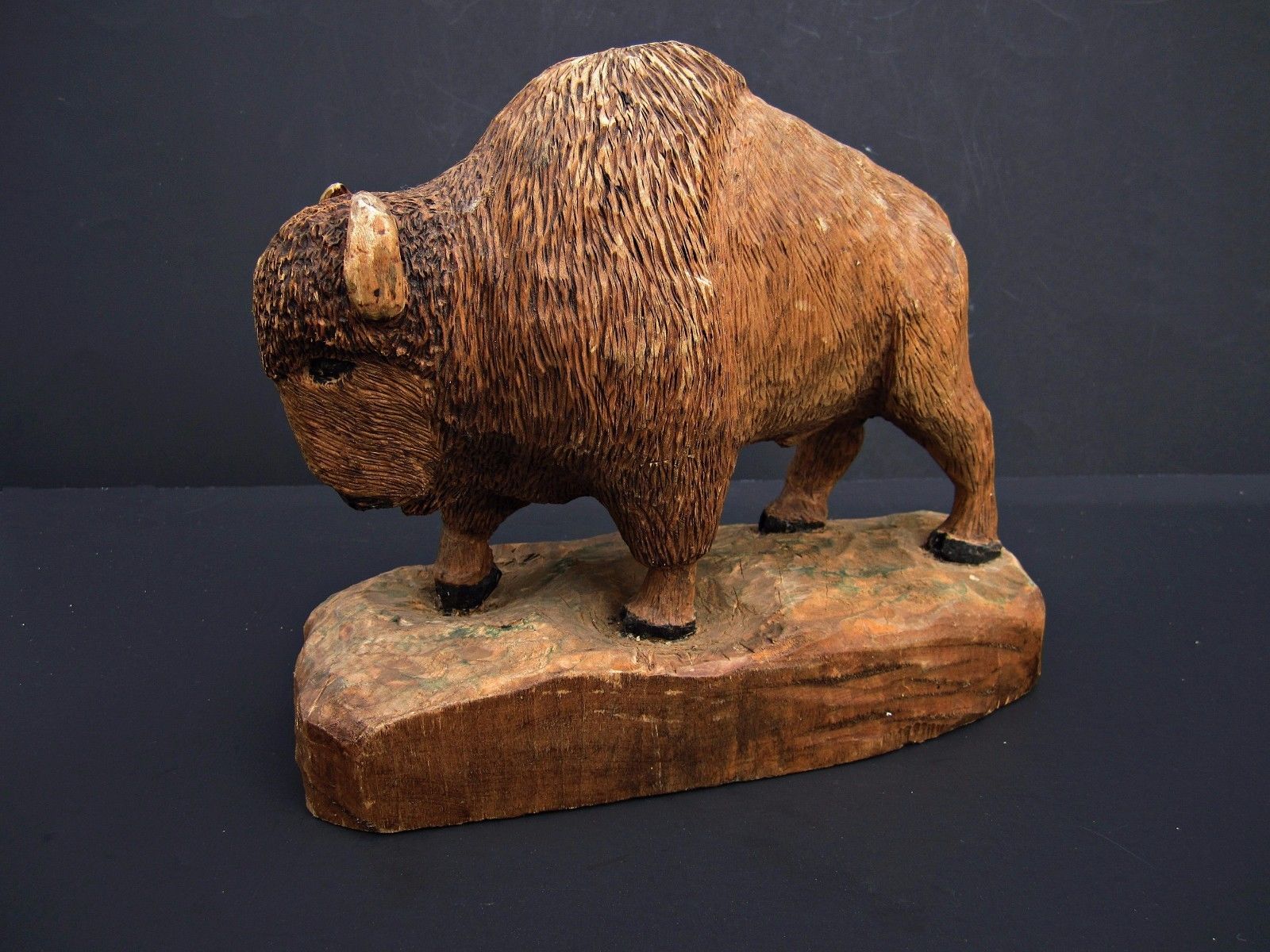 Hand-Carved Wooden Bison Buffalo American Folk Art Signed Marked Vintage