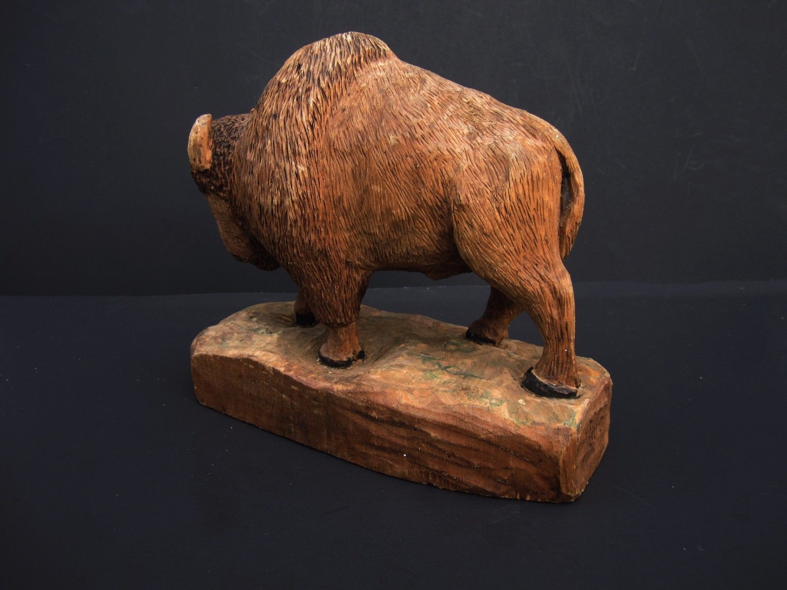 Hand-Carved Wooden Bison Buffalo American Folk Art Signed Marked Vintage