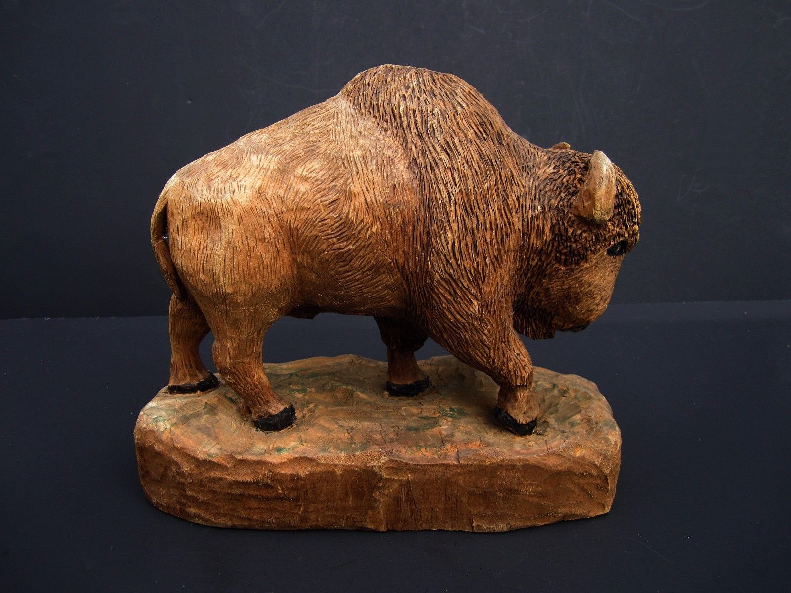 Hand-Carved Wooden Bison Buffalo American Folk Art Signed Marked Vintage