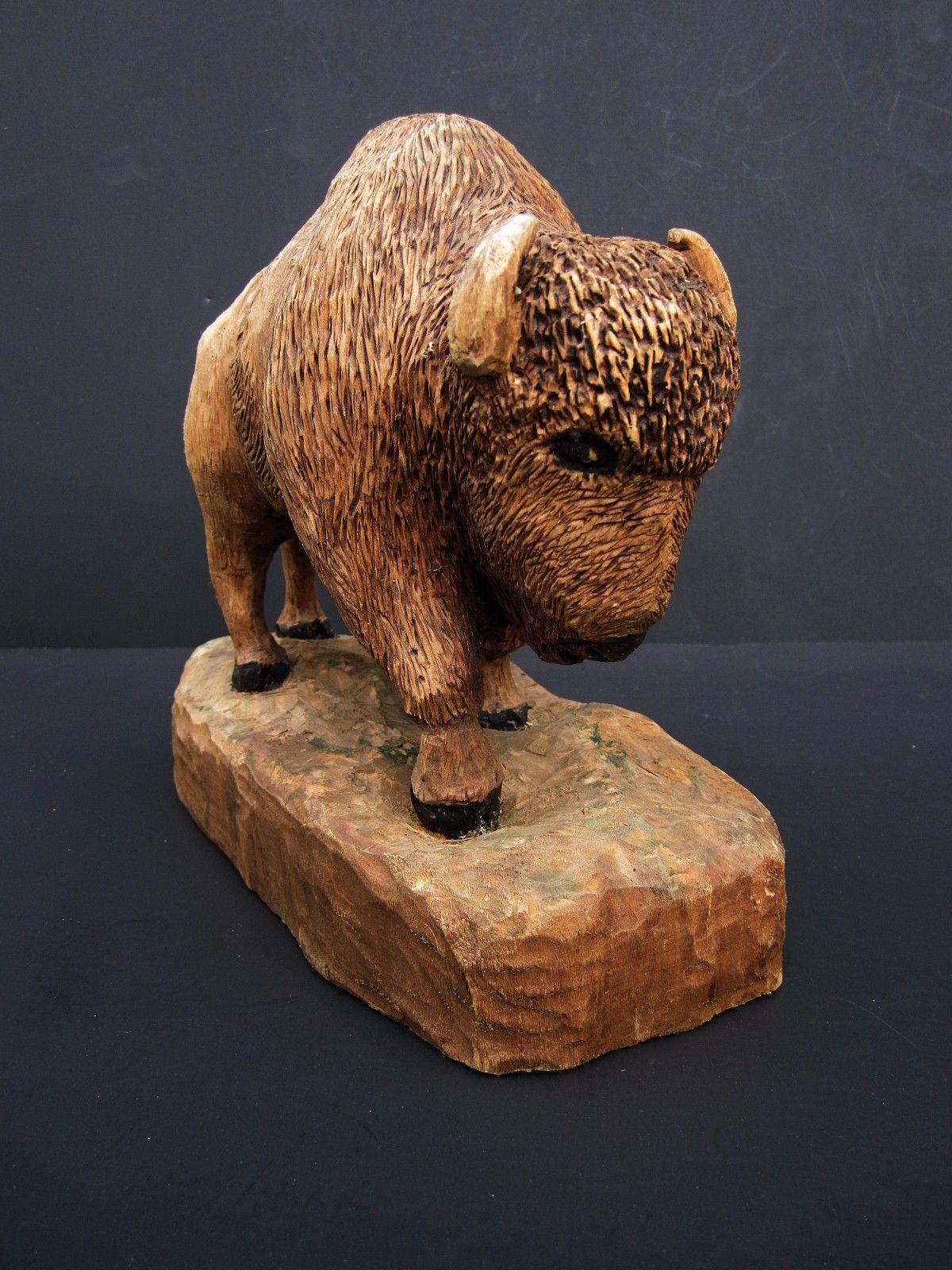 Hand-Carved Wooden Bison Buffalo American Folk Art Signed Marked Vintage