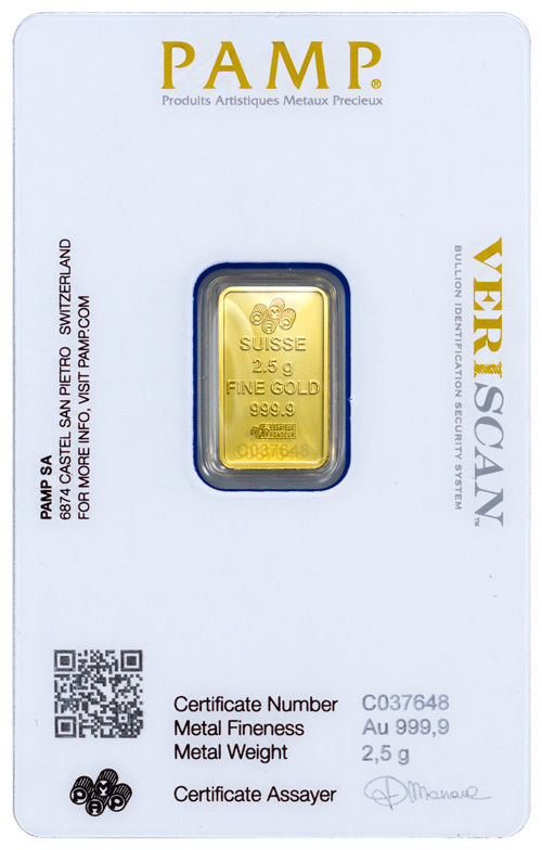 PAMP Suisse 2.5 Gram .9999 Gold Bar Fortuna W/ VeriScan Certificate SKU29095