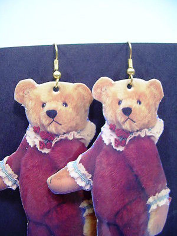 Teddy Bear Earrings ROOSEVELT BEAR CO 1993 artist Cathy Peterson paper + cloth