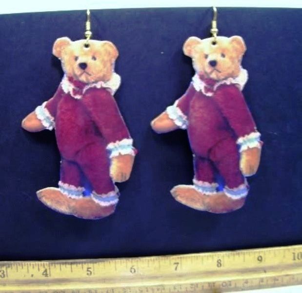 Teddy Bear Earrings ROOSEVELT BEAR CO 1993 artist Cathy Peterson paper + cloth