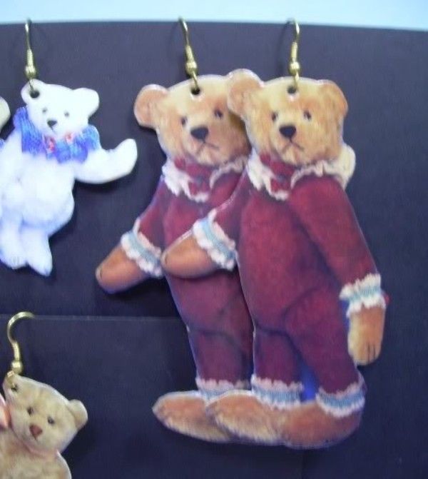 Teddy Bear Earrings ROOSEVELT BEAR CO 1993 artist Cathy Peterson paper + cloth