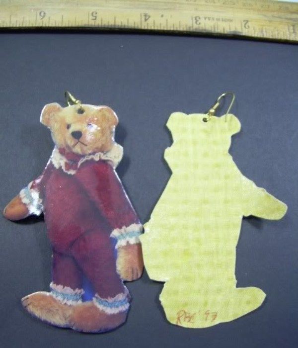 Teddy Bear Earrings ROOSEVELT BEAR CO 1993 artist Cathy Peterson paper + cloth