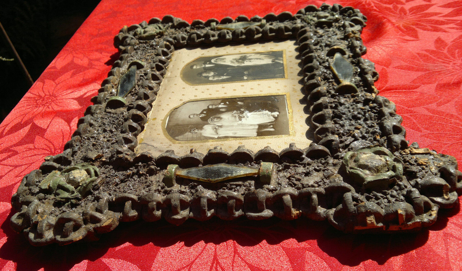 Antique English Folk Art Bespoke Picture Frame with Wine Corks 17" by 13.5"