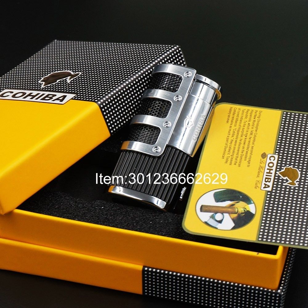 COHIBA Black Gridding Stripes 3 Torch Jet Flame Cigar Lighter With  Puncher
