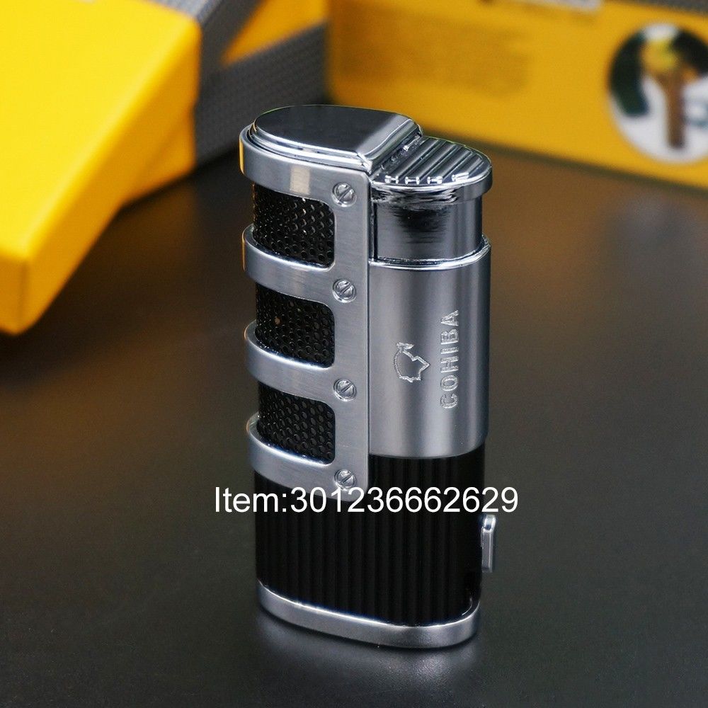 COHIBA Black Gridding Stripes 3 Torch Jet Flame Cigar Lighter With  Puncher