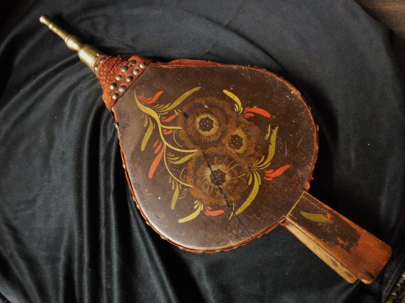 Early 19th c. Antique Fireplace Bellows Paint Decorated w/ Brass Nozzle