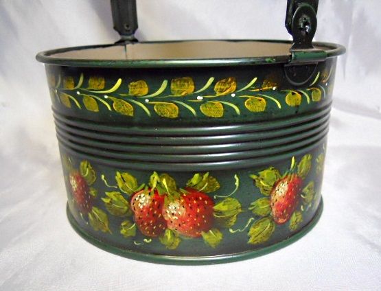 John Dunn -  Strawberry Tole Painted Tin w/ Handle - Signed - Dated 02’