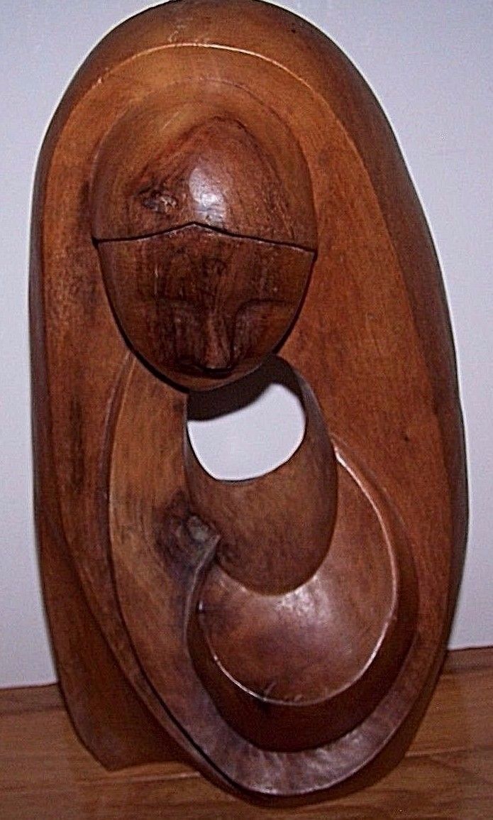 Vintage Solid Hand Carved Wood Face Figure Abstract Sculpture 13" Tall