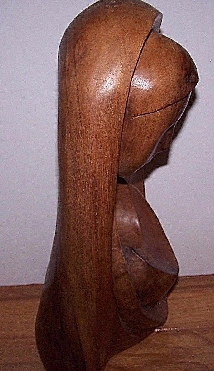 Vintage Solid Hand Carved Wood Face Figure Abstract Sculpture 13" Tall