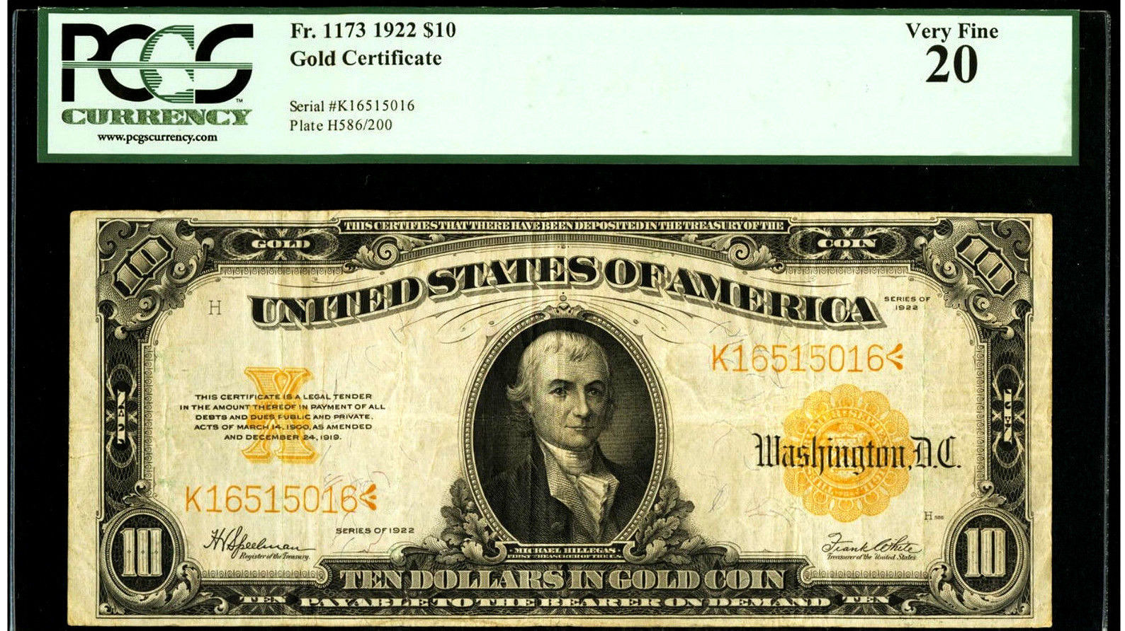 1922 $10 Gold Certificate Fr. 1173 PCGS Very Fine 20 BRIGHT ORANGE/YELLOW