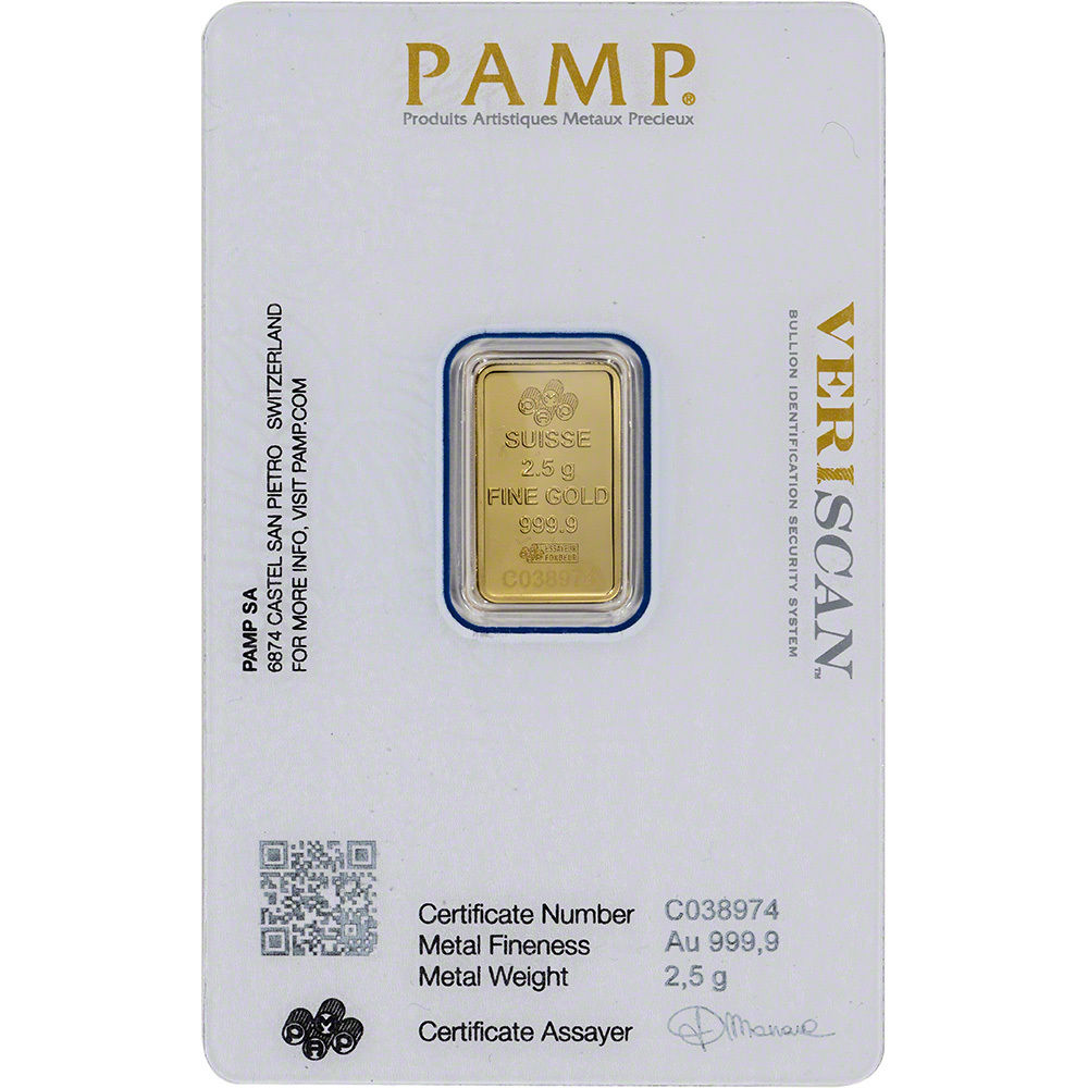 2.5 gram Gold Bar - PAMP Suisse - Fortuna - 999.9 Fine in Sealed Assay