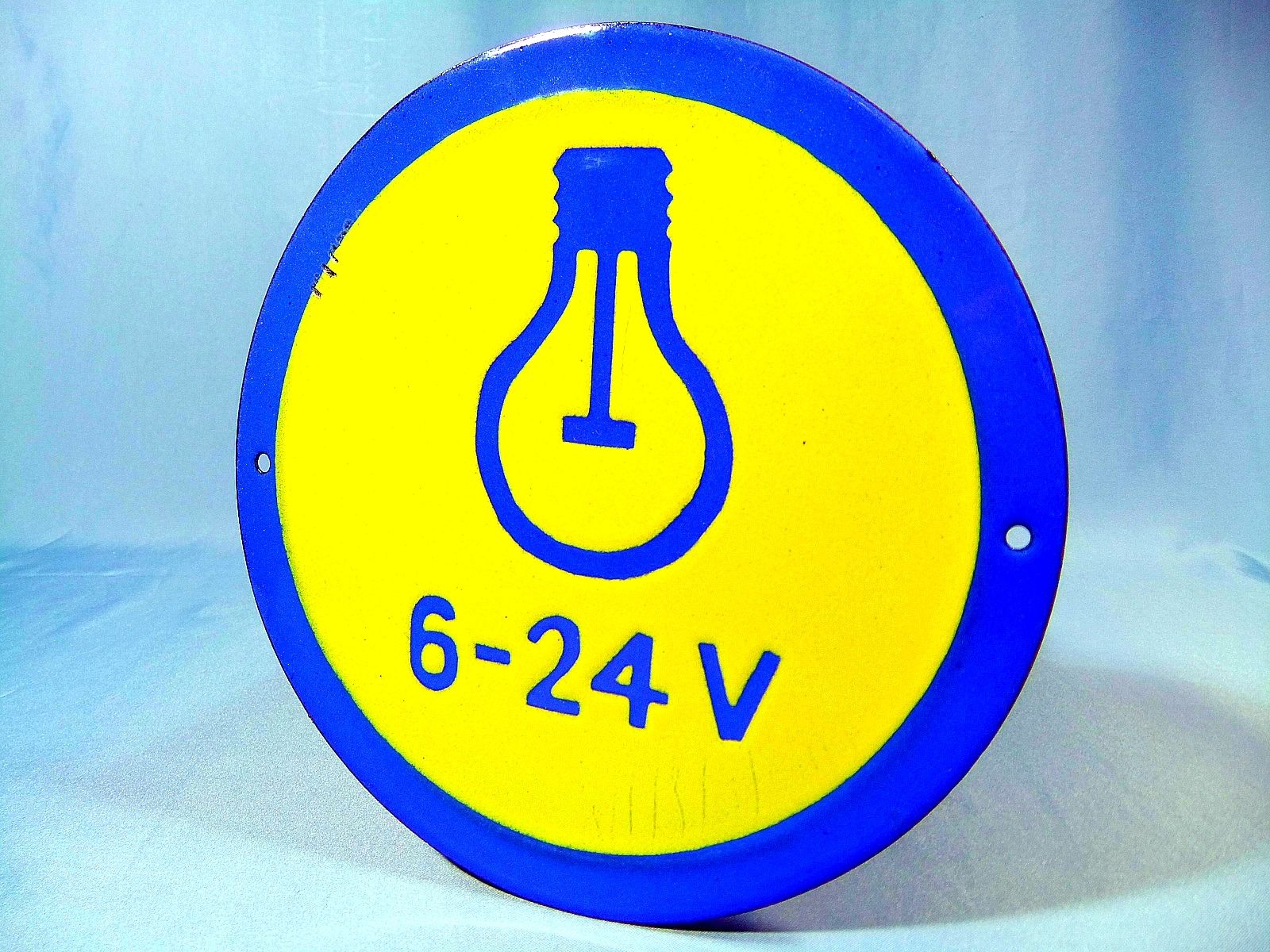 VINTAGE ELECTRICITY BULB 6-24V PORCELAIN ENAMEL METAL SIGN PLATE PLAQUE ca.1960s