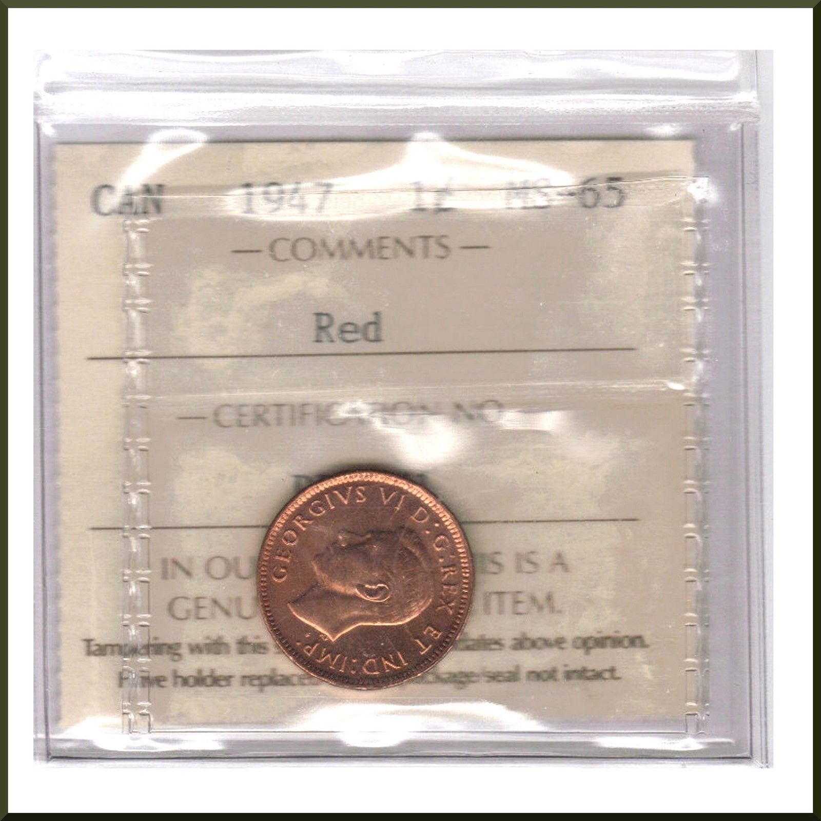 Canada  1947   ICCS  Graded 1 Cent MS-65 Red