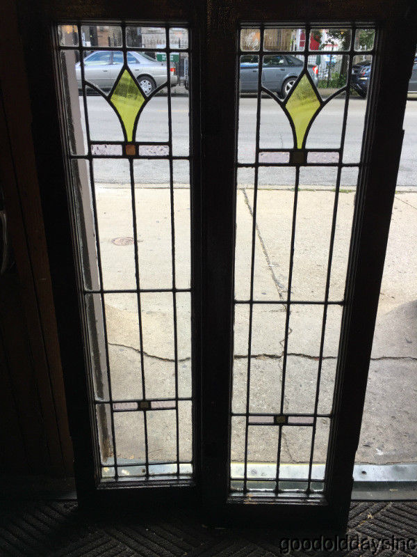 Antique 1920's Stained Leaded Glass Doors / Window 43" by 13"