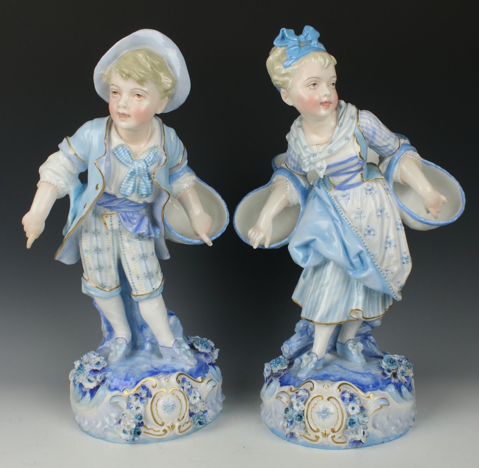 Antique 19C french Levy & Cie pair of figurines Boy and Girl with Baskets