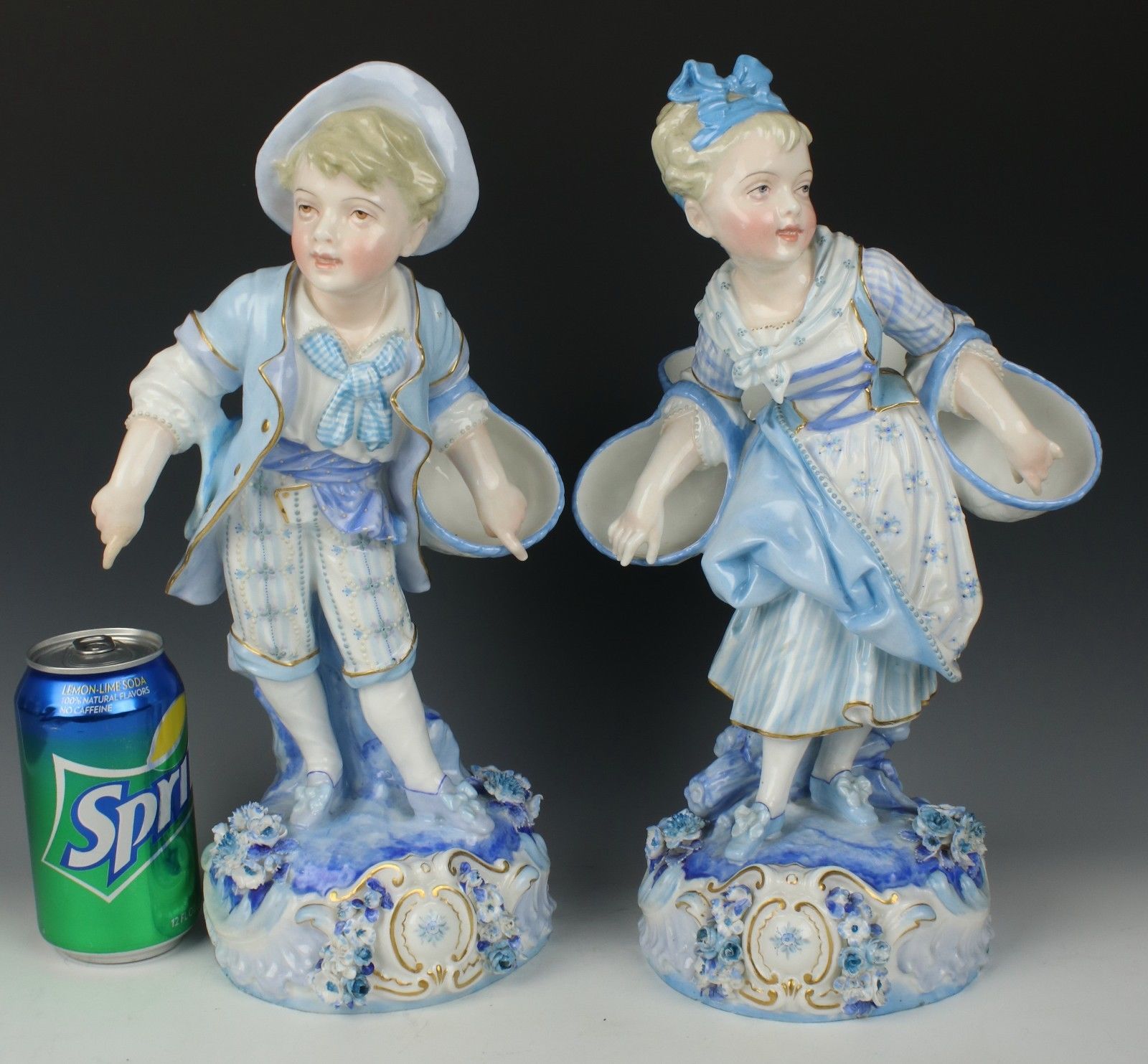 Antique 19C french Levy & Cie pair of figurines Boy and Girl with Baskets