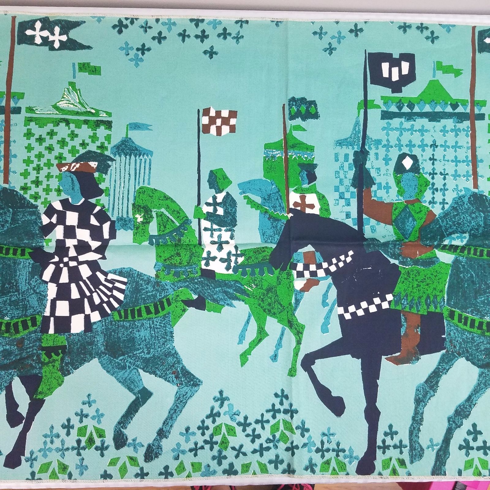 Tibor Reich Fabric Art Panel 48x22" MCM Tournament Linen 1960s Decor Shakespeare