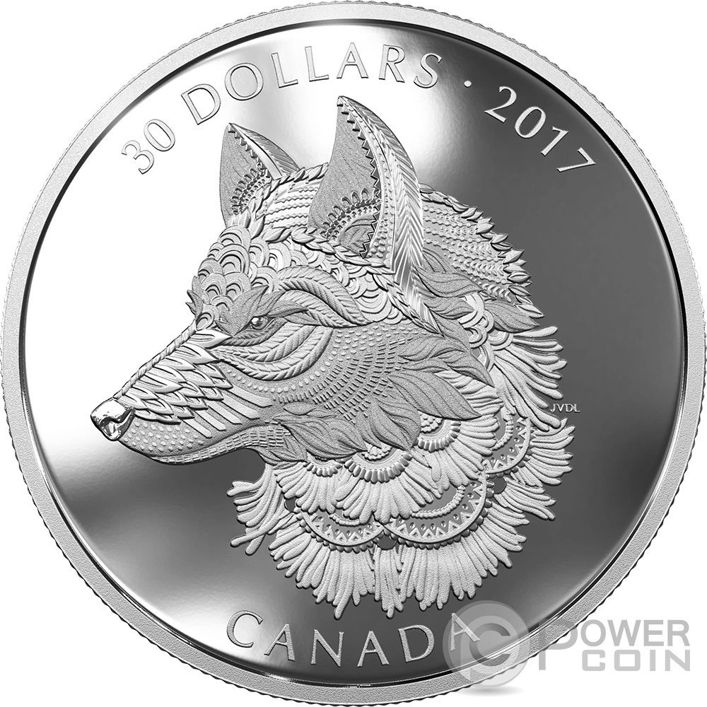 GREAT GREY WOLF Zentangle Art 2 Oz Silver Coin 30$ Canada 2017