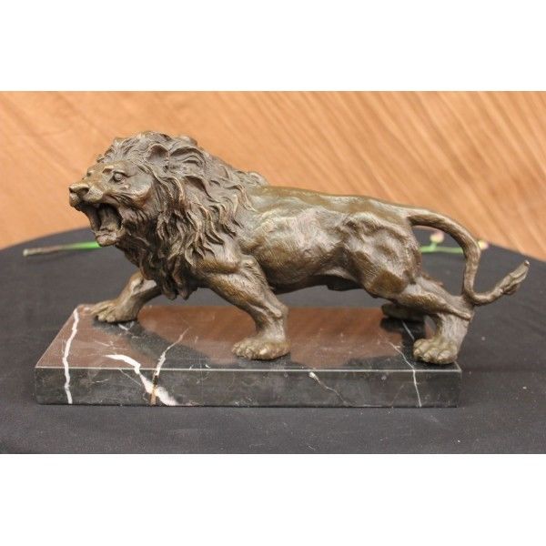 Angry Hungry Male Lion Marble Base Figurine Art Deco Figure LRG Bronze Sculpture