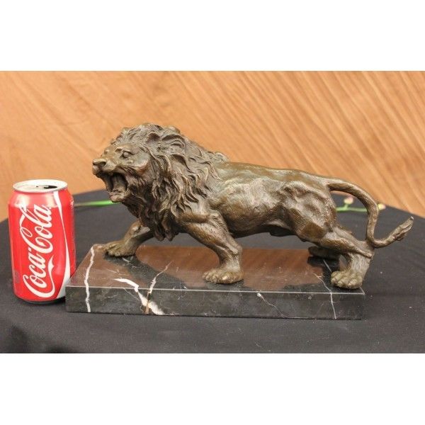 Angry Hungry Male Lion Marble Base Figurine Art Deco Figure LRG Bronze Sculpture