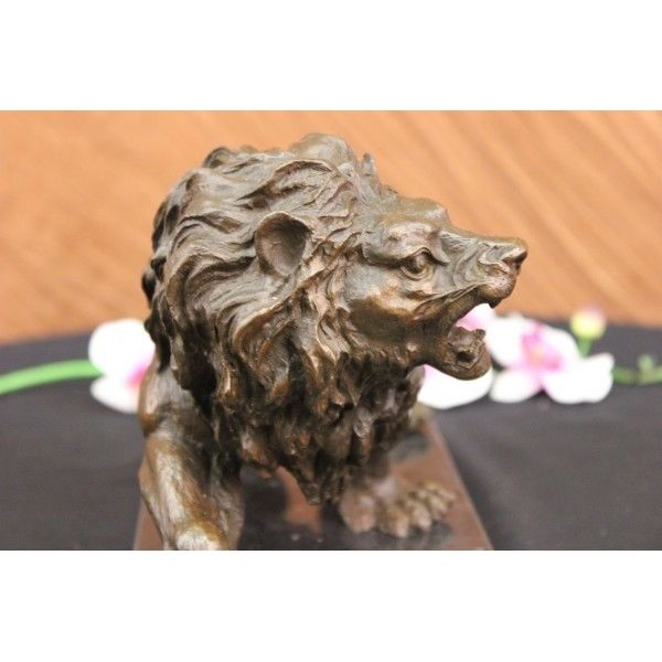 Angry Hungry Male Lion Marble Base Figurine Art Deco Figure LRG Bronze Sculpture