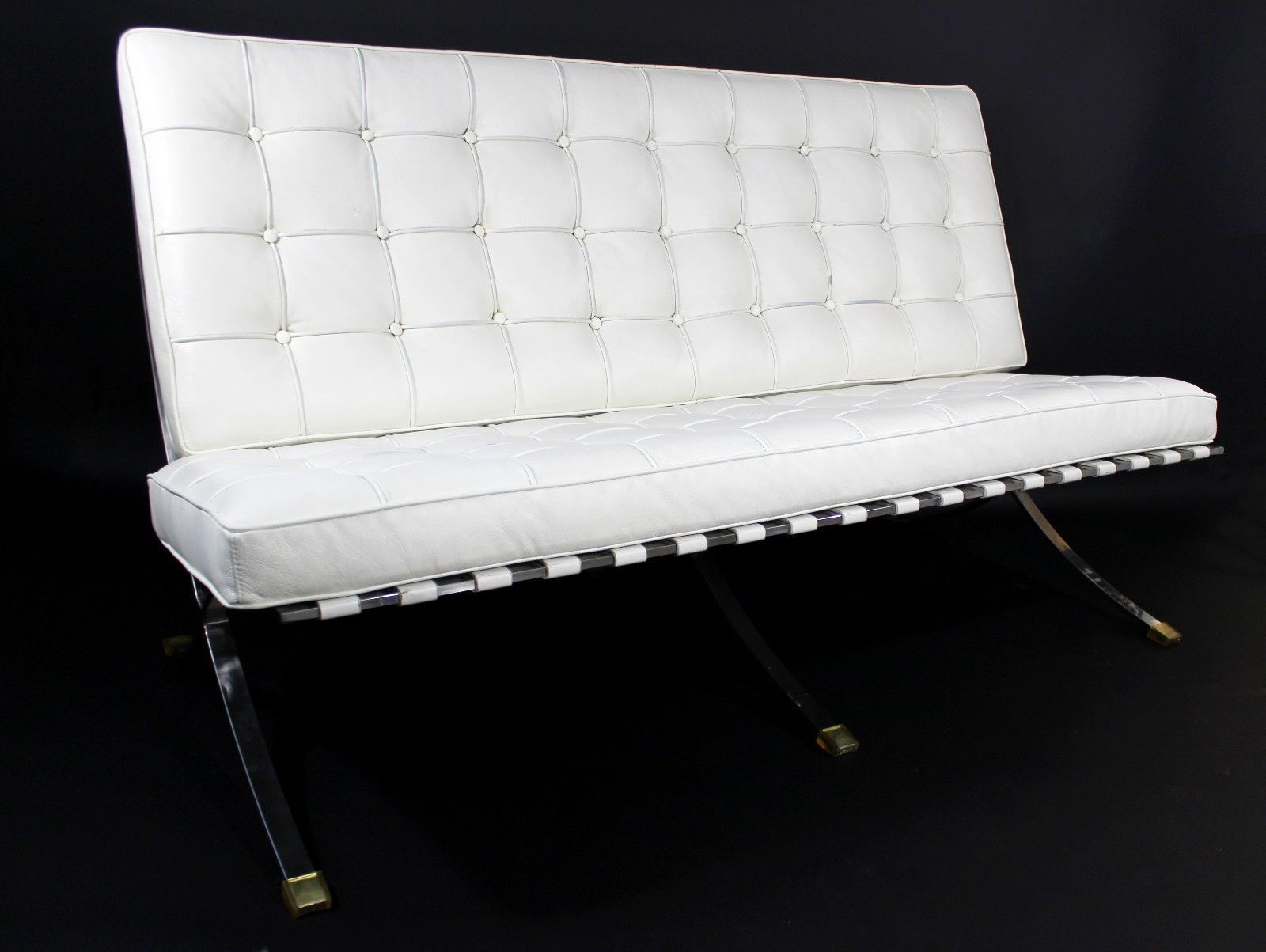 Mid Century Modern Barcelona Style White Leather & Chrome Bench Sofa Loveseat