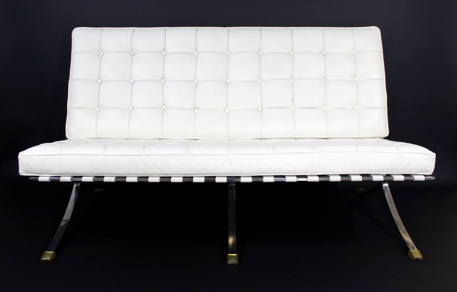 Mid Century Modern Barcelona Style White Leather & Chrome Bench Sofa Loveseat