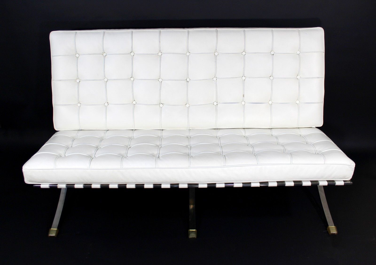 Mid Century Modern Barcelona Style White Leather & Chrome Bench Sofa Loveseat