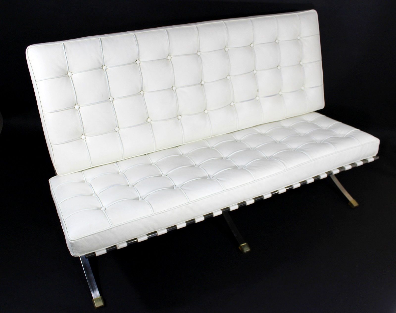 Mid Century Modern Barcelona Style White Leather & Chrome Bench Sofa Loveseat