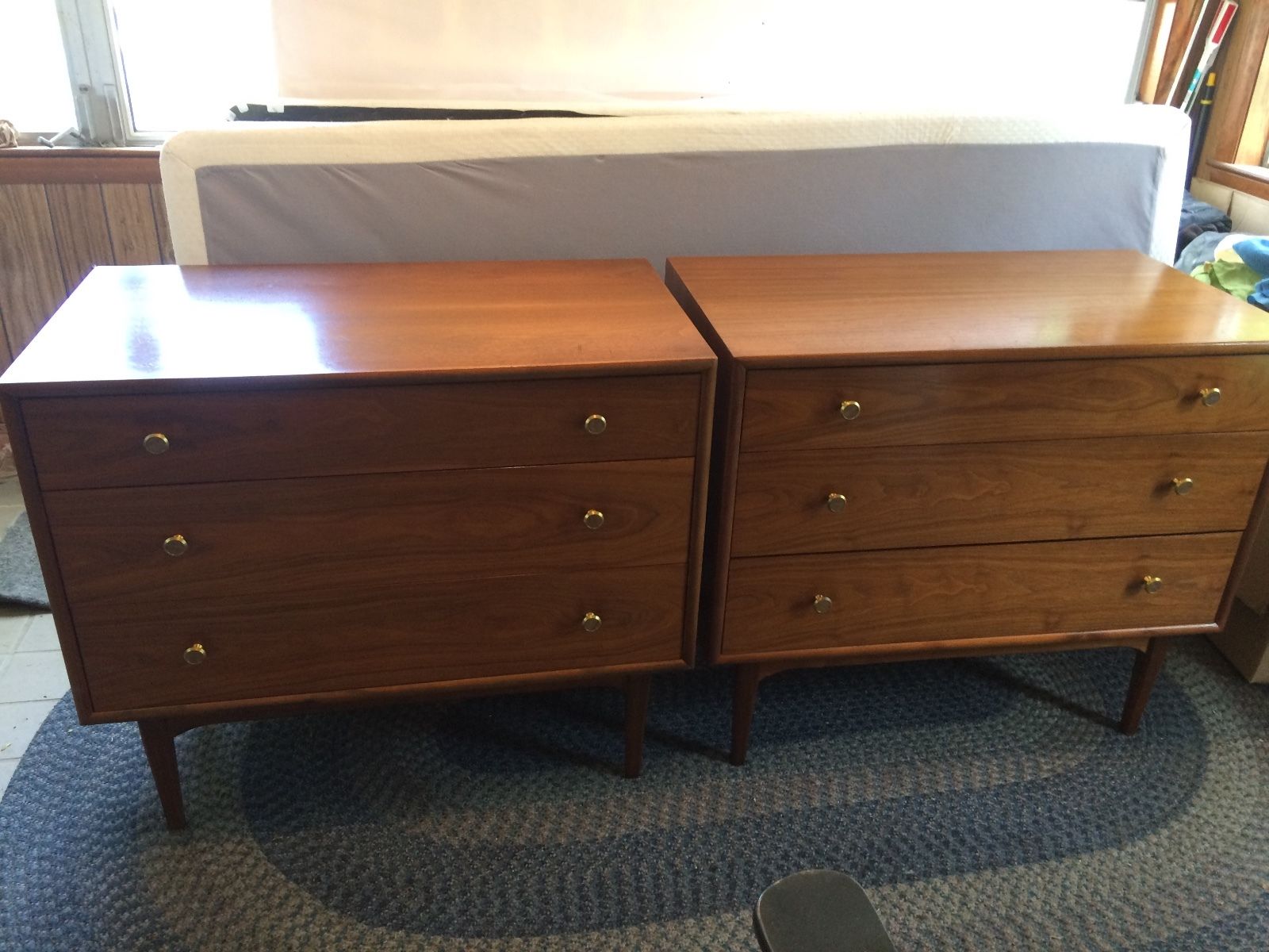 PAIR MID CENTURY MODERN DREXEL DRESSER KIPP STEWART WALNUT BACHELOR CHESTS