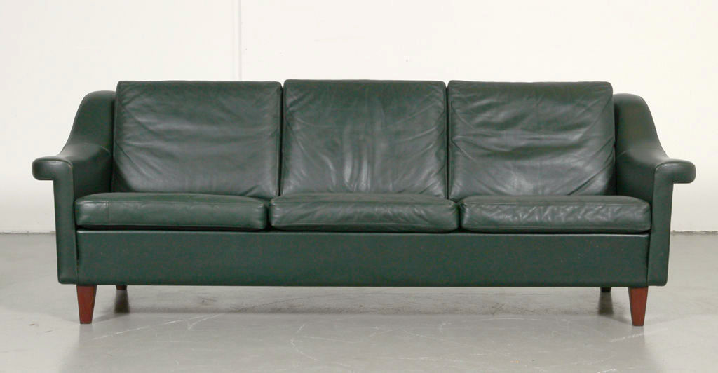 VINTAGE MID CENTURY DANISH OLIVE LEATHER 3 SEATER SOFA 1960s