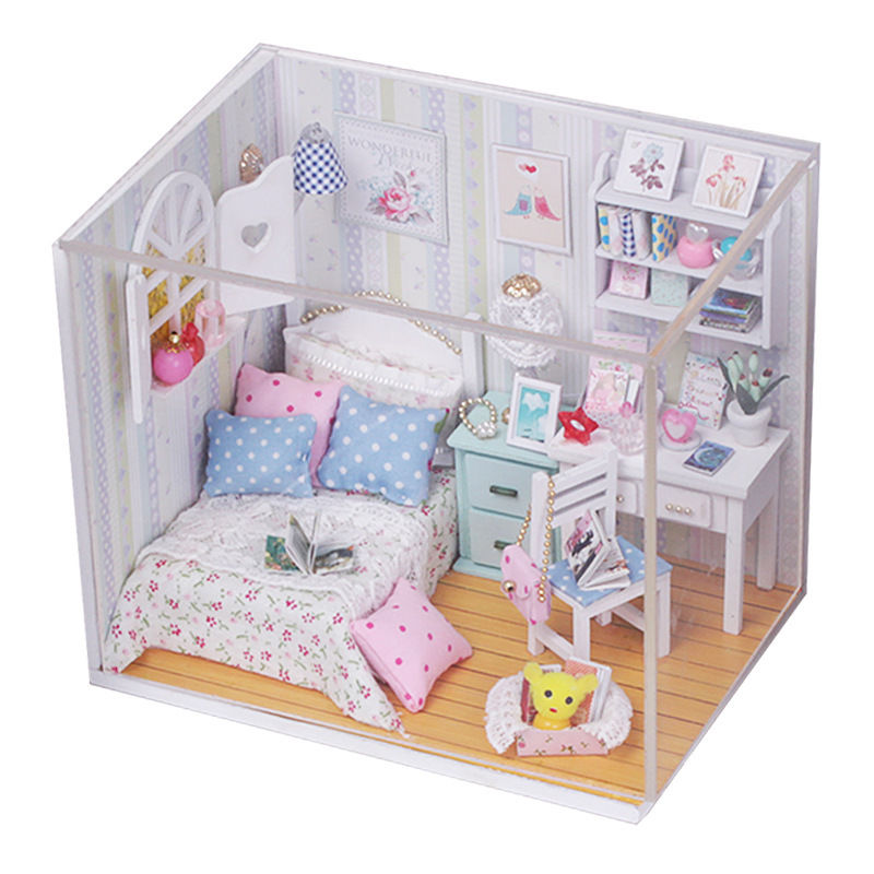 New Kits DIY Wood Dollhouse miniature with LED+Furniture+cover Doll house room