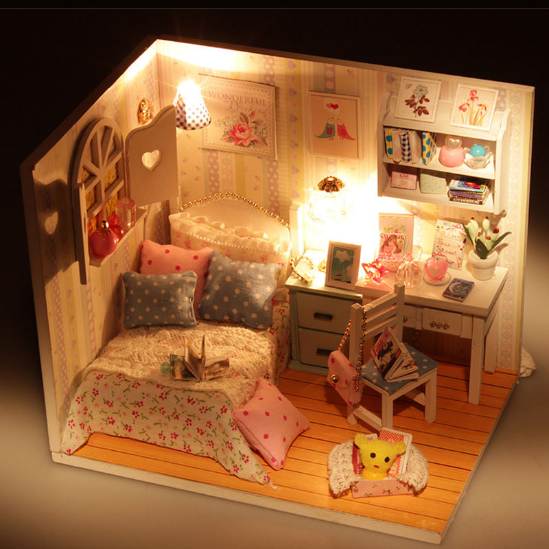 New Kits DIY Wood Dollhouse miniature with LED+Furniture+cover Doll house room