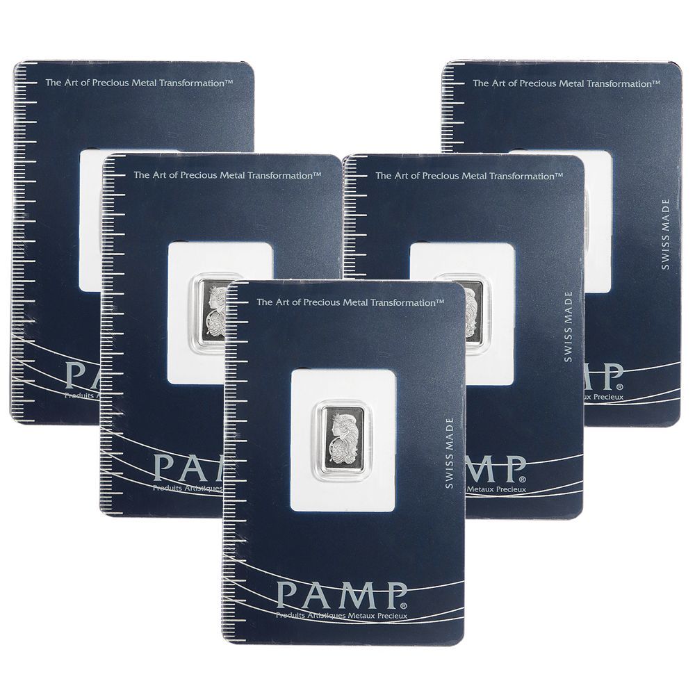 Lot of 5 - 1 Gram Pamp Suisse Platinum Bar .9995 Fine Fortuna