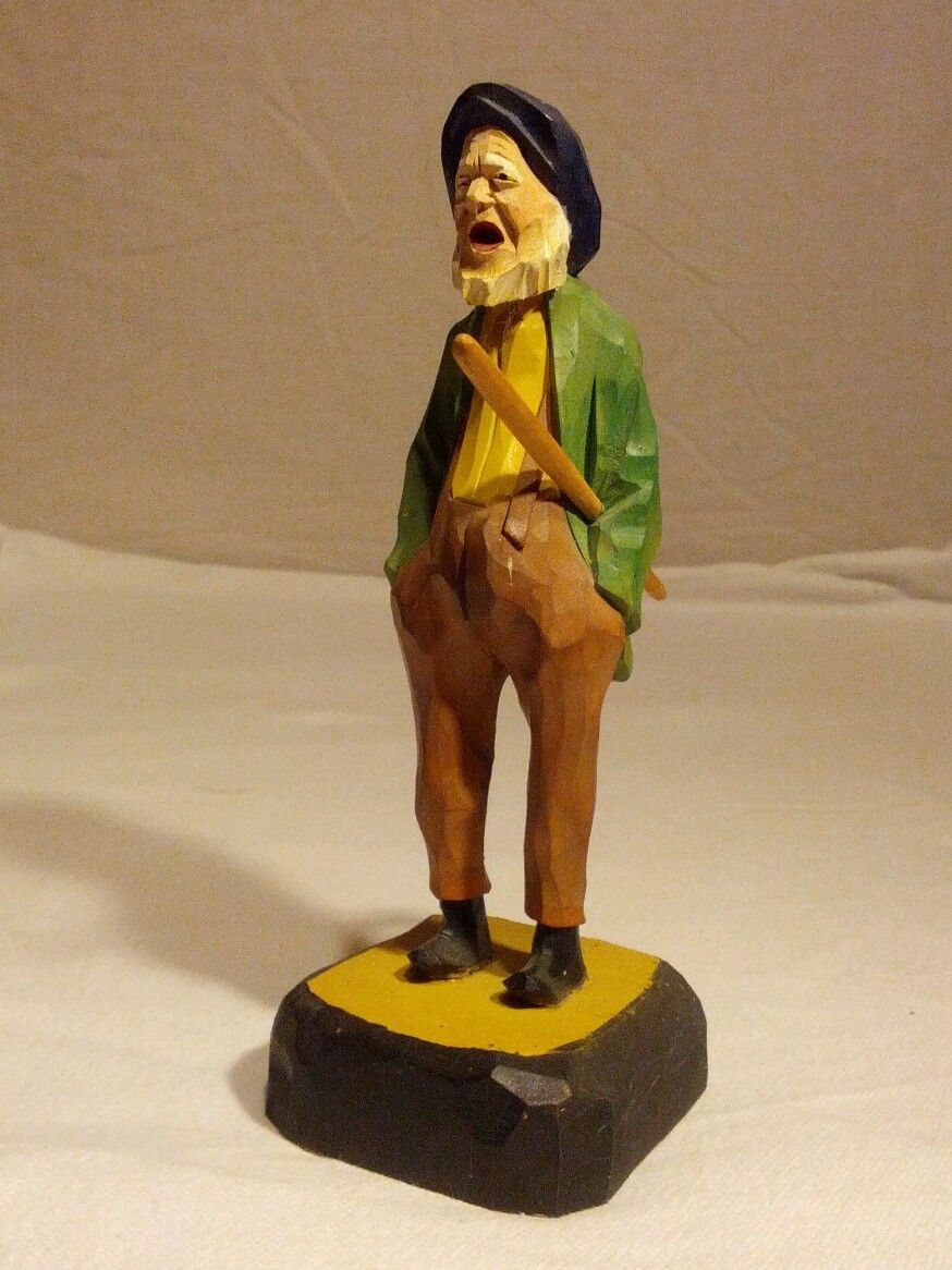 VINTAGE FOLK ART PRIMITIVE WOOD FIGURE SCULPTURE CARVING MAN WITH STICK SIGNED