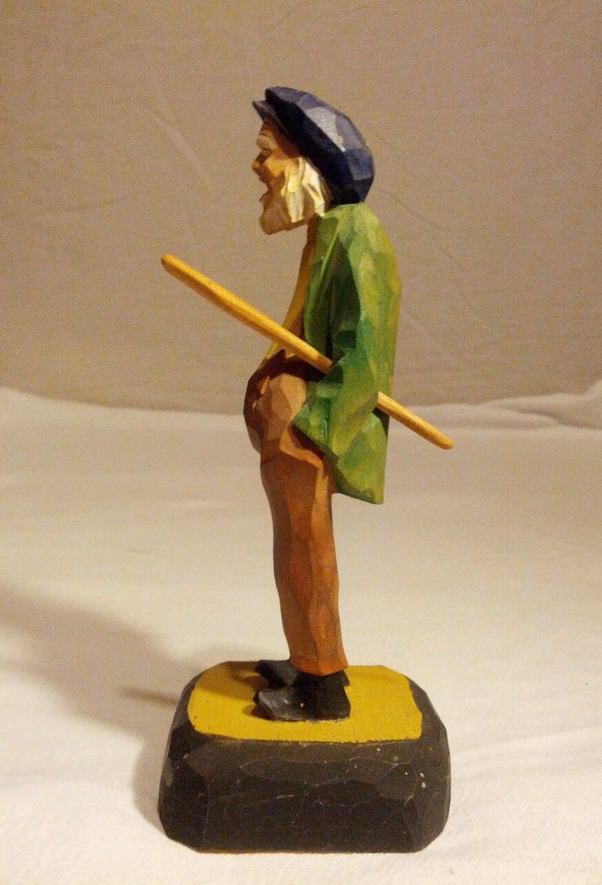 VINTAGE FOLK ART PRIMITIVE WOOD FIGURE SCULPTURE CARVING MAN WITH STICK SIGNED