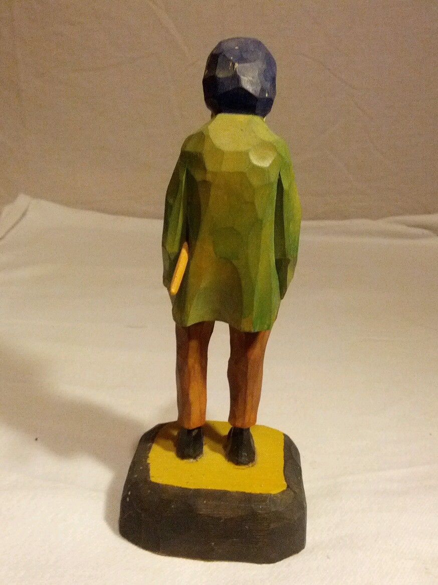 VINTAGE FOLK ART PRIMITIVE WOOD FIGURE SCULPTURE CARVING MAN WITH STICK SIGNED