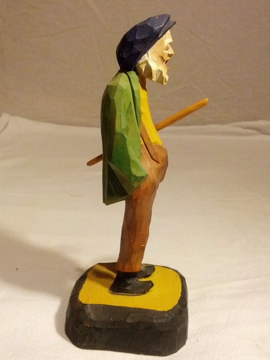 VINTAGE FOLK ART PRIMITIVE WOOD FIGURE SCULPTURE CARVING MAN WITH STICK SIGNED